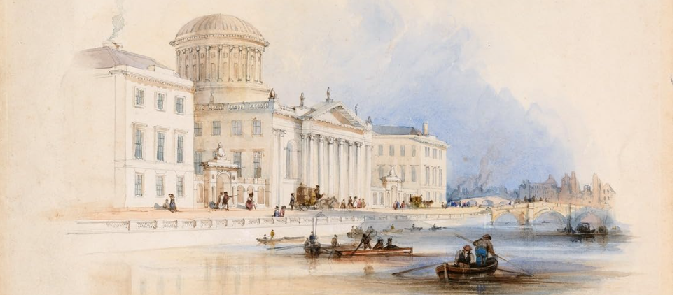 Watercolour view of the Four Courts, River Liffey and dome through cream double doors